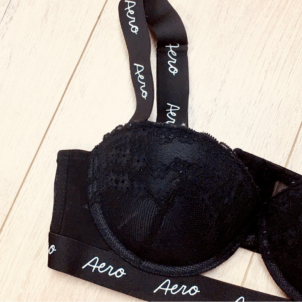 Aero Aeropostale black mesh lace padded push up bra logo 34B lingerie intimates
